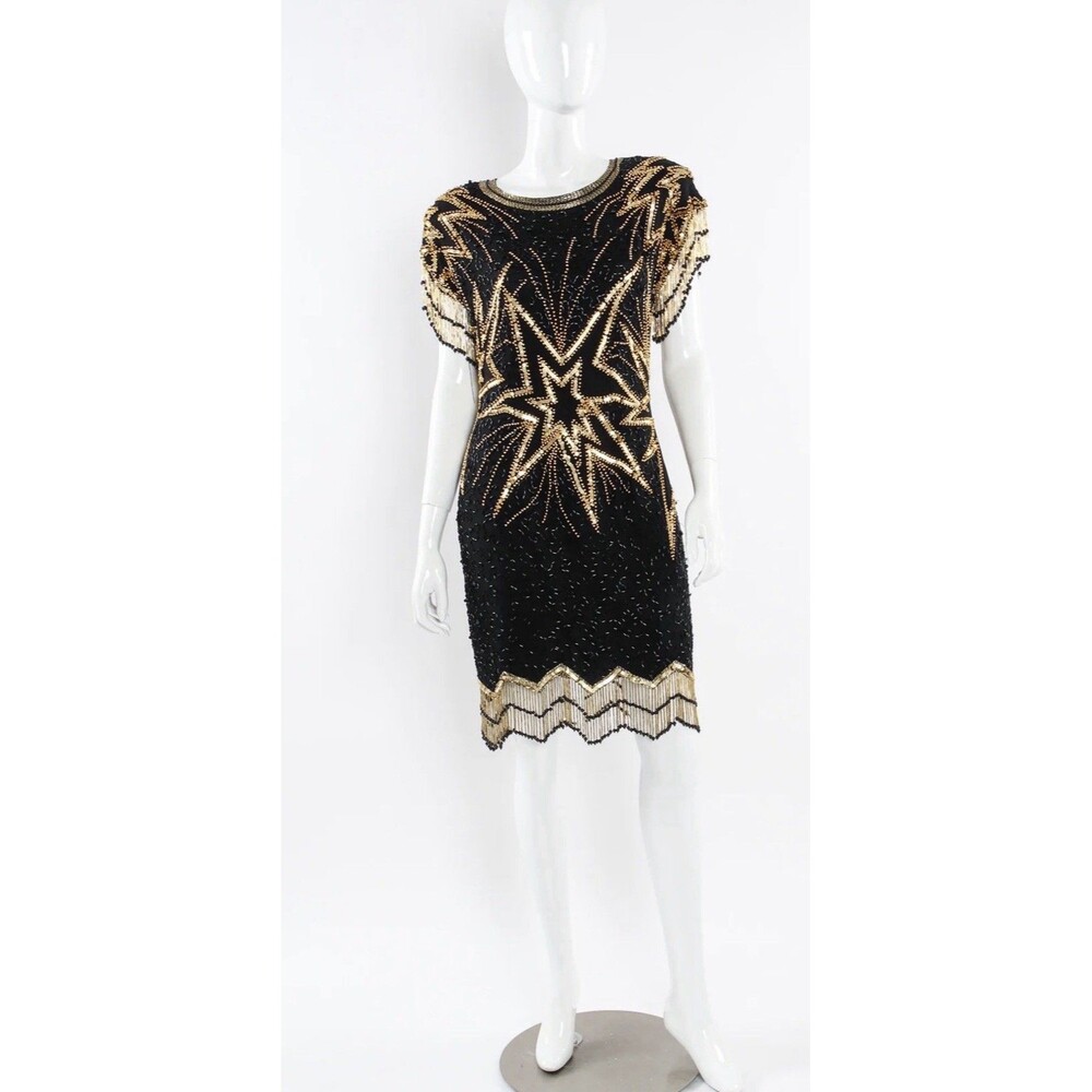 Vintage Lillie Rubin Star Gold & Black Beaded Fringe Silk Dress – Size Small